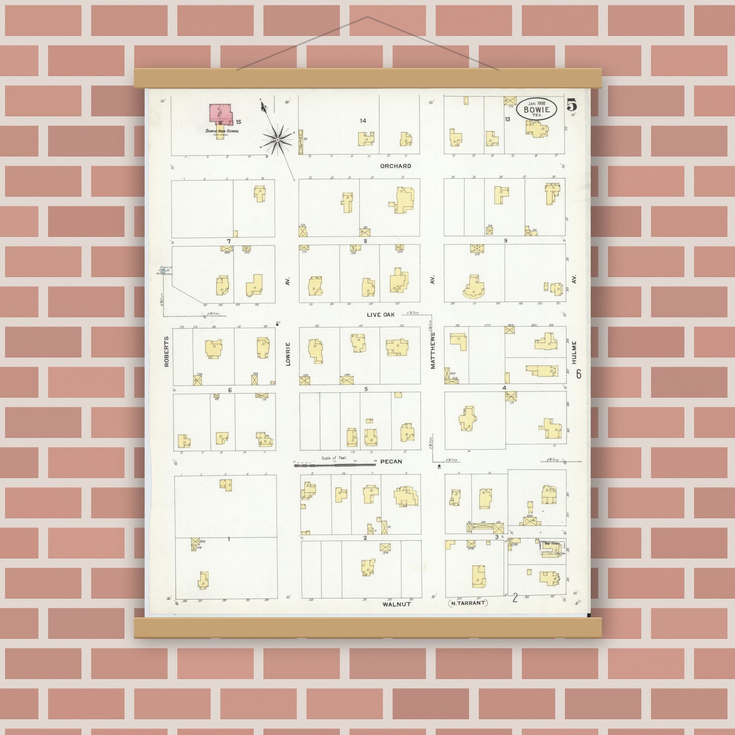 Old map wall art mockup — magnetic wood frame on brick wall — Sanborn Fire Insurance Map from Bowie, Montague County, Texas (1908), Sheet #0005