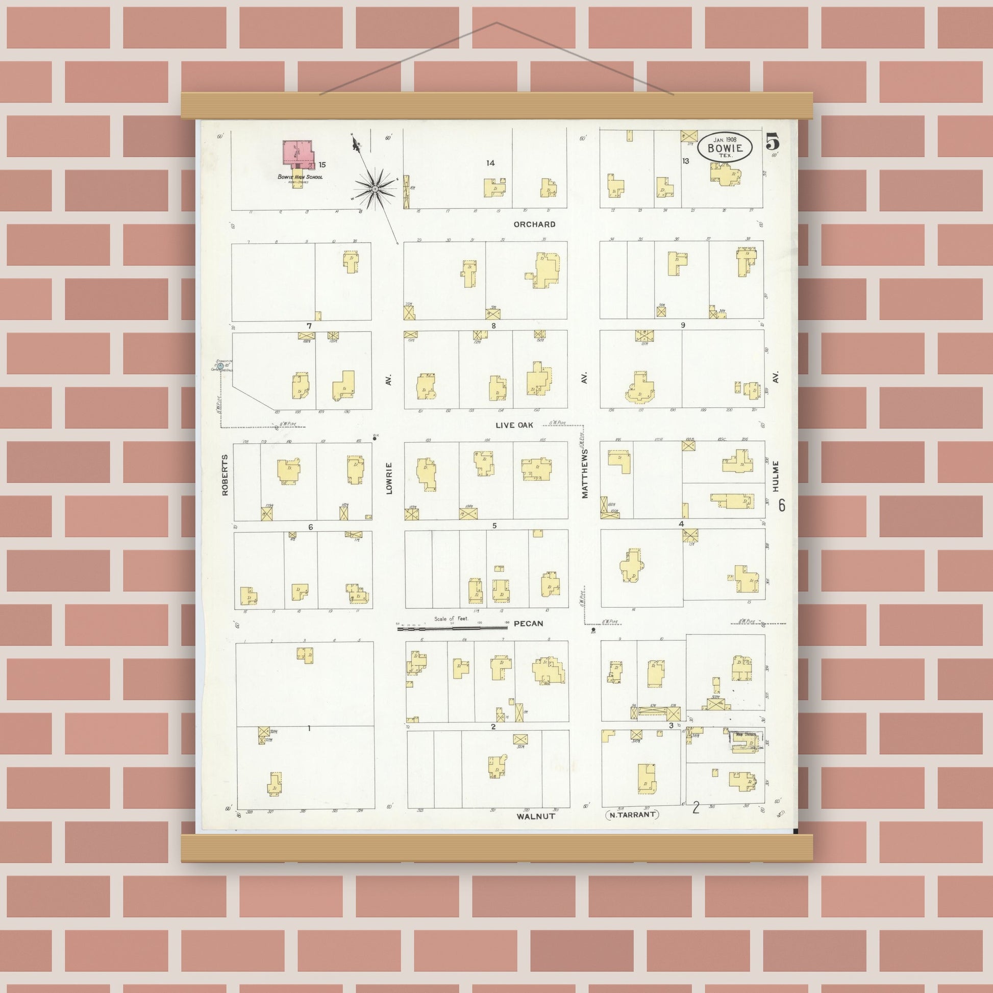 Old map wall art mockup — magnetic wood frame on brick wall — Sanborn Fire Insurance Map from Bowie, Montague County, Texas (1908), Sheet #0005