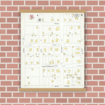 Old map wall art mockup — magnetic wood frame on brick wall — Sanborn Fire Insurance Map from Bowie, Montague County, Texas (1908), Sheet #0005