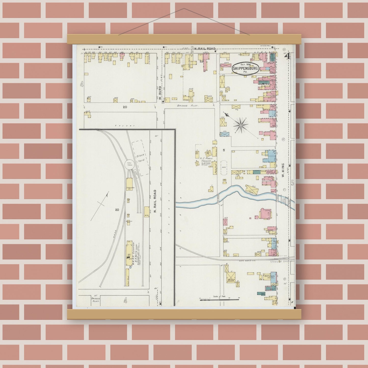 Old map wall art mockup — magnetic wood frame on brick wall — Sanborn Fire Insurance Map from Shippensburg, Cumberland And Franklin Counties, Pennsylvania (1894), Sheet #0004