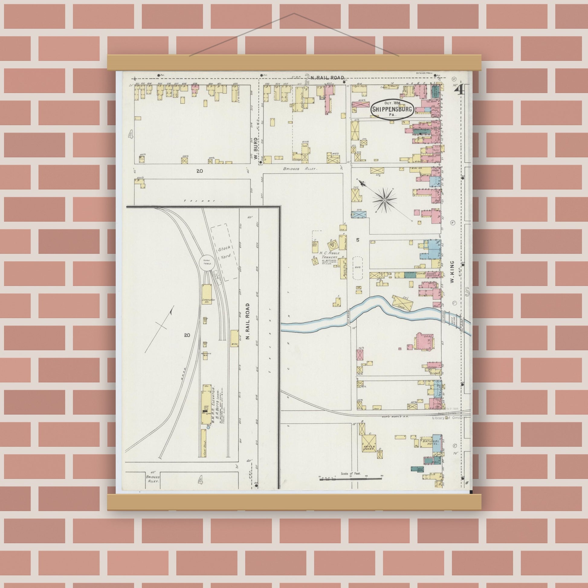 Old map wall art mockup — magnetic wood frame on brick wall — Sanborn Fire Insurance Map from Shippensburg, Cumberland And Franklin Counties, Pennsylvania (1894), Sheet #0004
