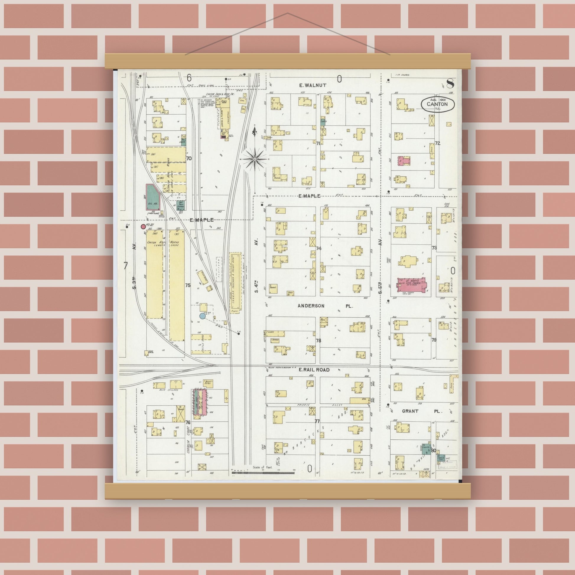 Old map wall art mockup — magnetic wood frame on brick wall — Sanborn Fire Insurance Map from Canton, Fulton County, Illinois (1902), Sheet #0008