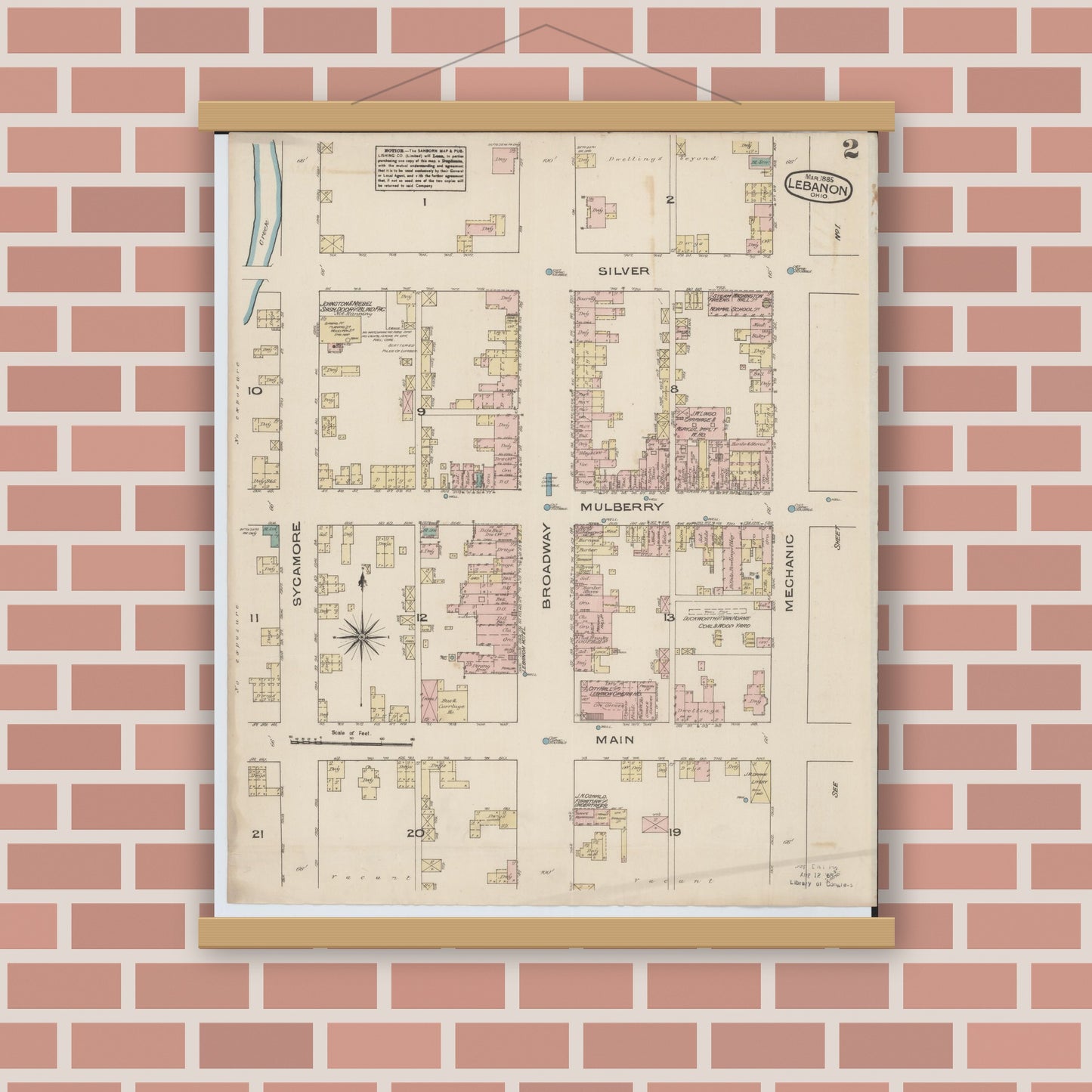 Old map wall art mockup — magnetic wood frame on brick wall — Sanborn Fire Insurance Map from Lebanon, Warren County, Ohio (1885), Sheet #0002