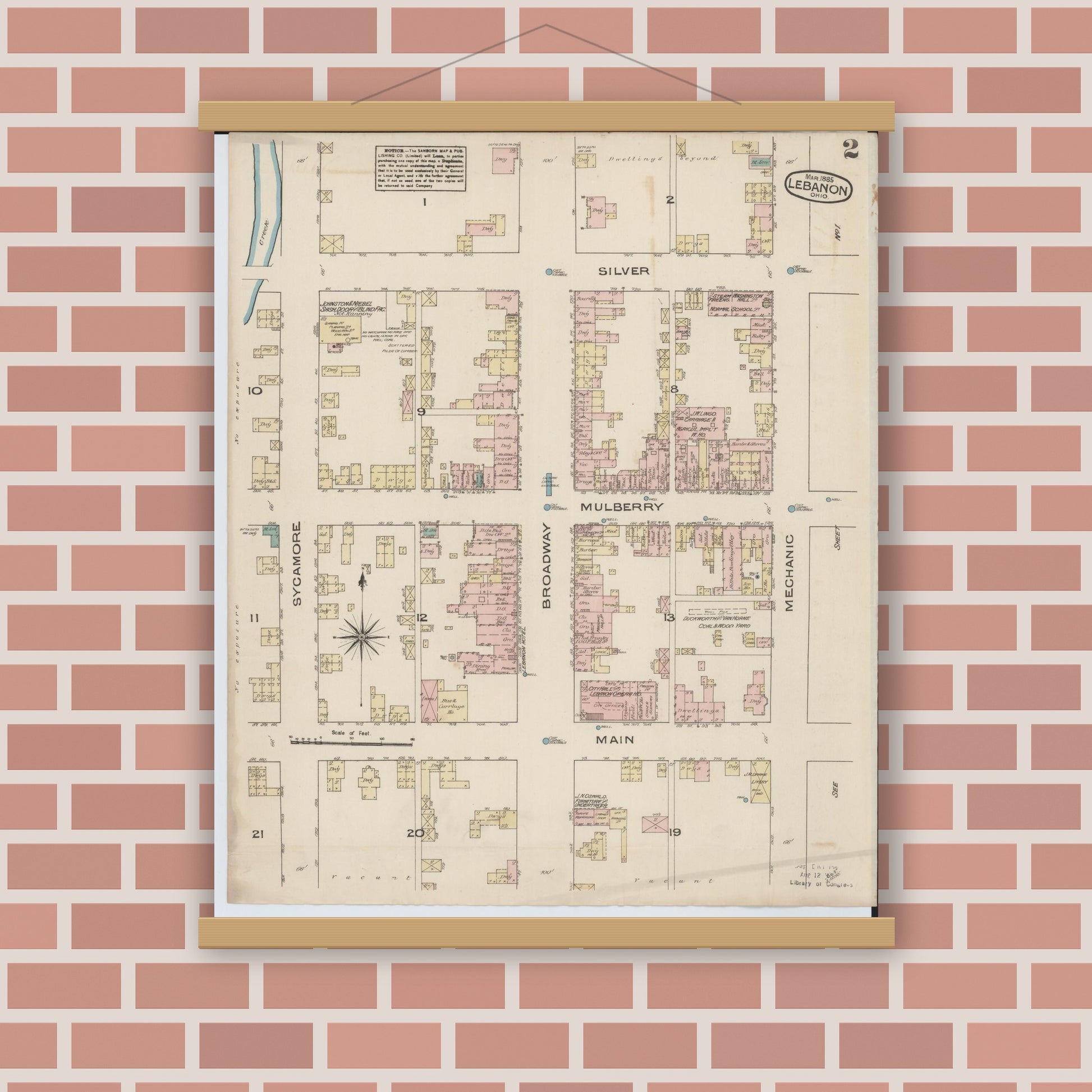 Old map wall art mockup — magnetic wood frame on brick wall — Sanborn Fire Insurance Map from Lebanon, Warren County, Ohio (1885), Sheet #0002