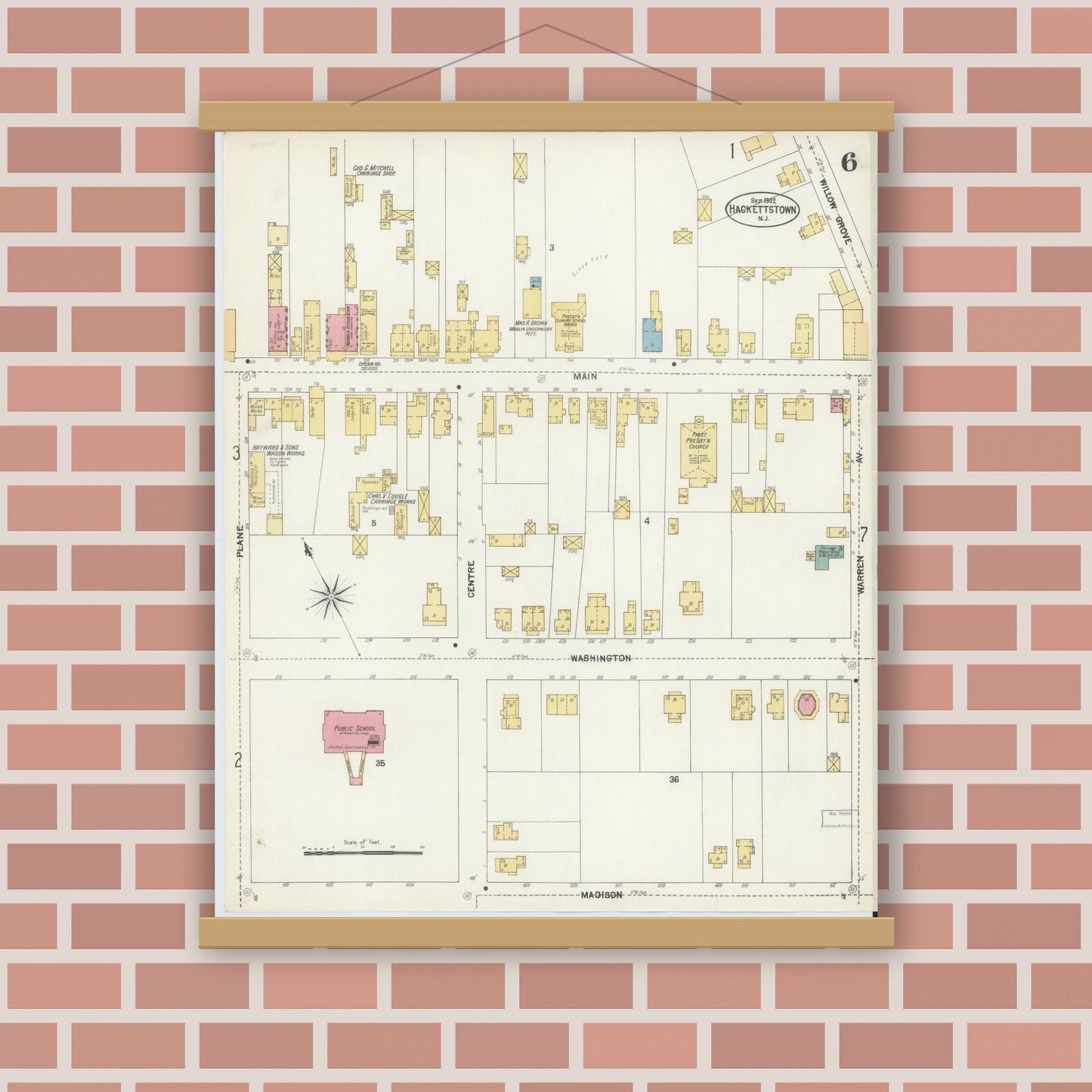 Old map wall art mockup — magnetic wood frame on brick wall — Sanborn Fire Insurance Map from Hackettstown, Warren County, New Jersey (1902), Sheet #0006