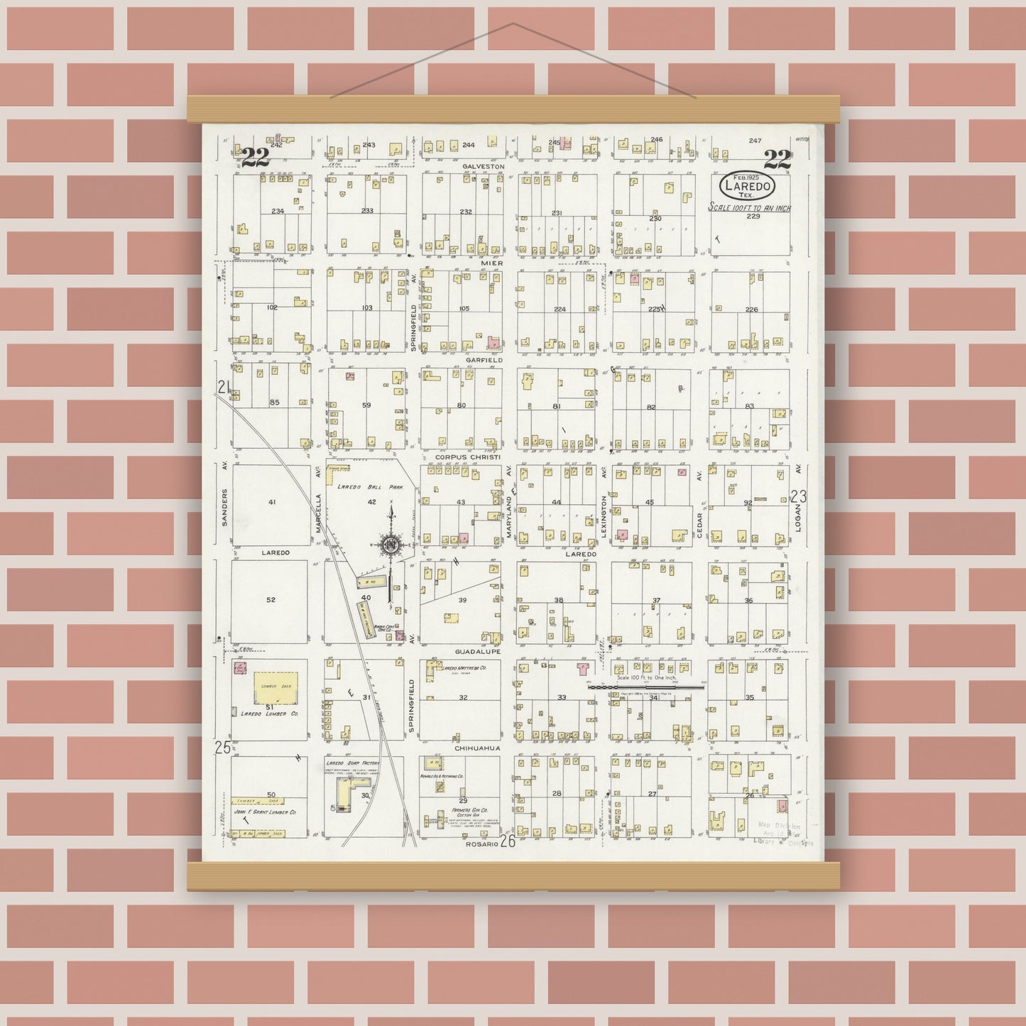 Old map wall art mockup — magnetic wood frame on brick wall — Sanborn Fire Insurance Map from Laredo, Webb County, Texas (1925), Sheet #0022