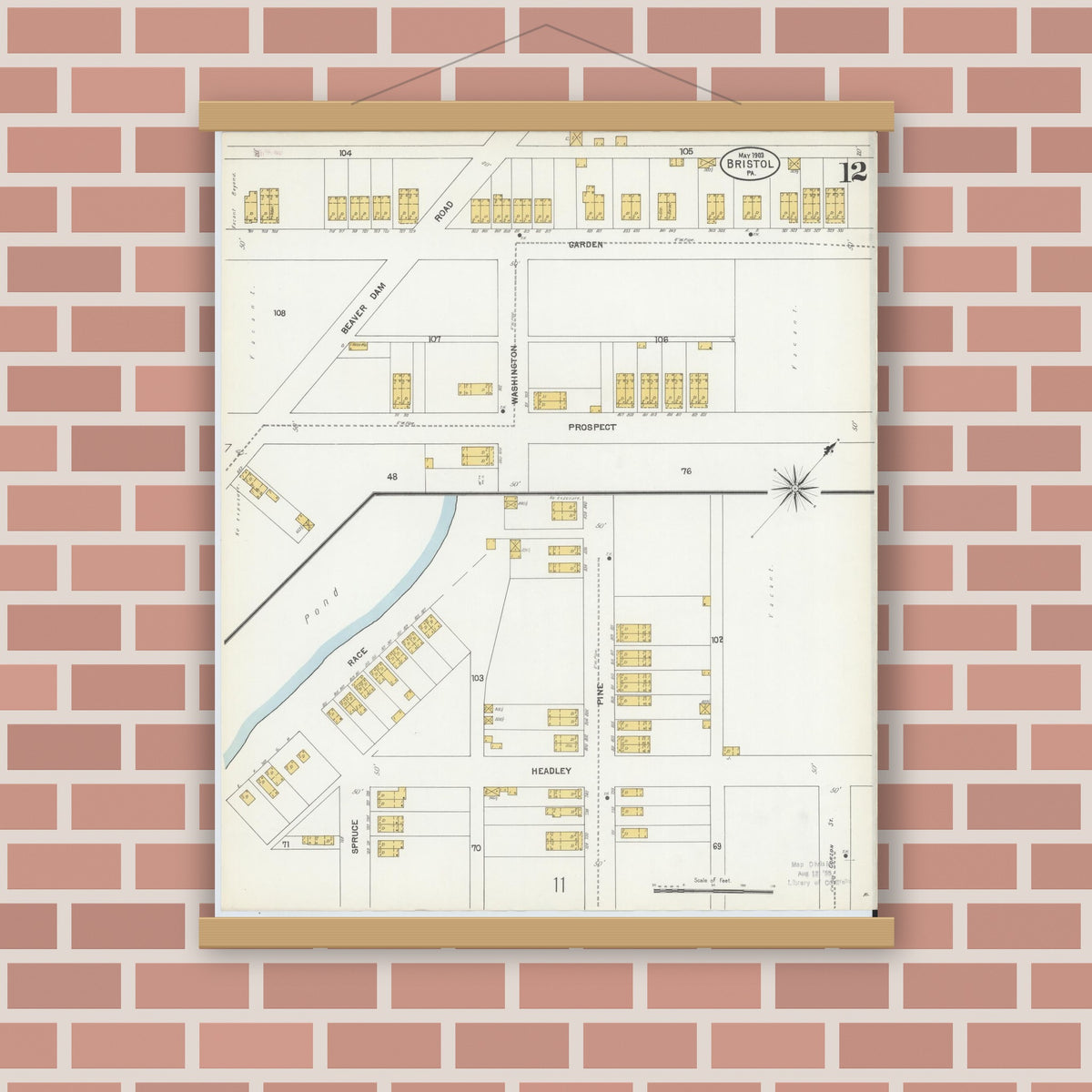 Old map wall art mockup — magnetic wood frame on brick wall — Sanborn Fire Insurance Map from Bristol, Bucks County, Pennsylvania (1903), Sheet #0012