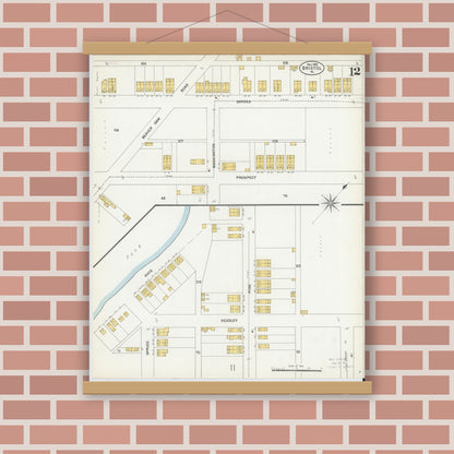 Old map wall art mockup — magnetic wood frame on brick wall — Sanborn Fire Insurance Map from Bristol, Bucks County, Pennsylvania (1903), Sheet #0012