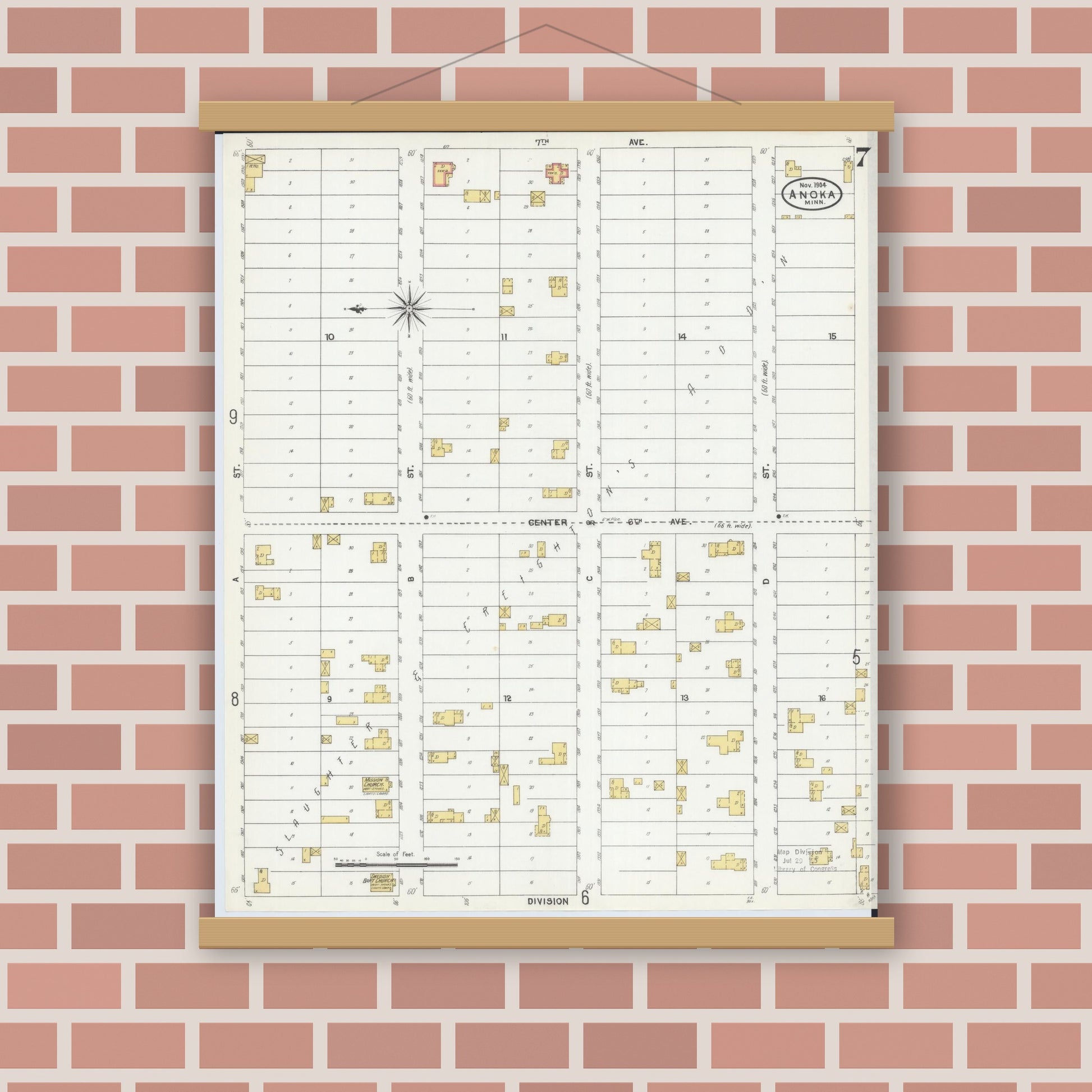 Old map wall art mockup — magnetic wood frame on brick wall — Sanborn Fire Insurance Map from Anoka, Anoka County, Minnesota (1904), Sheet #0007