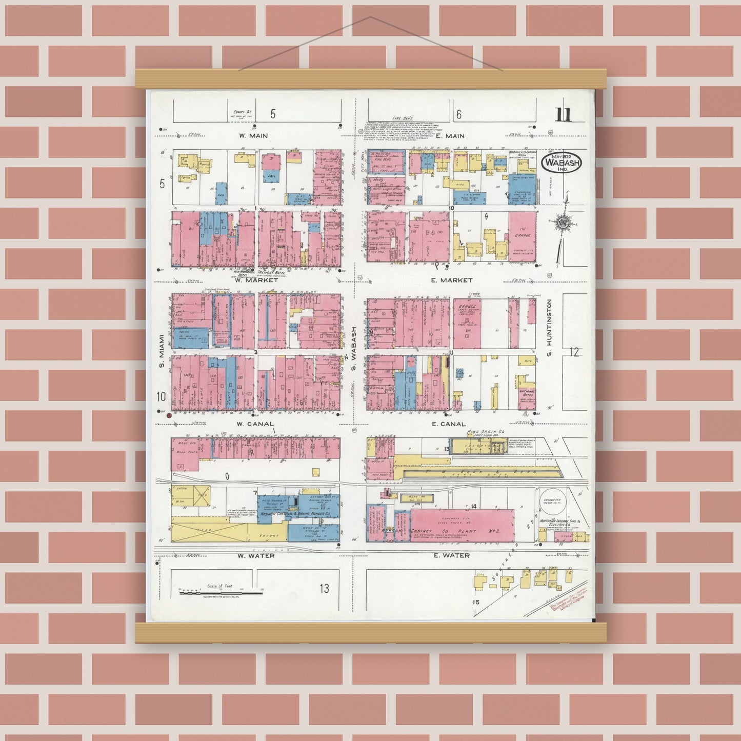Old map wall art mockup — magnetic wood frame on brick wall — Sanborn Fire Insurance Map from Wabash, Wabash County, Indiana (1920), Sheet #0011