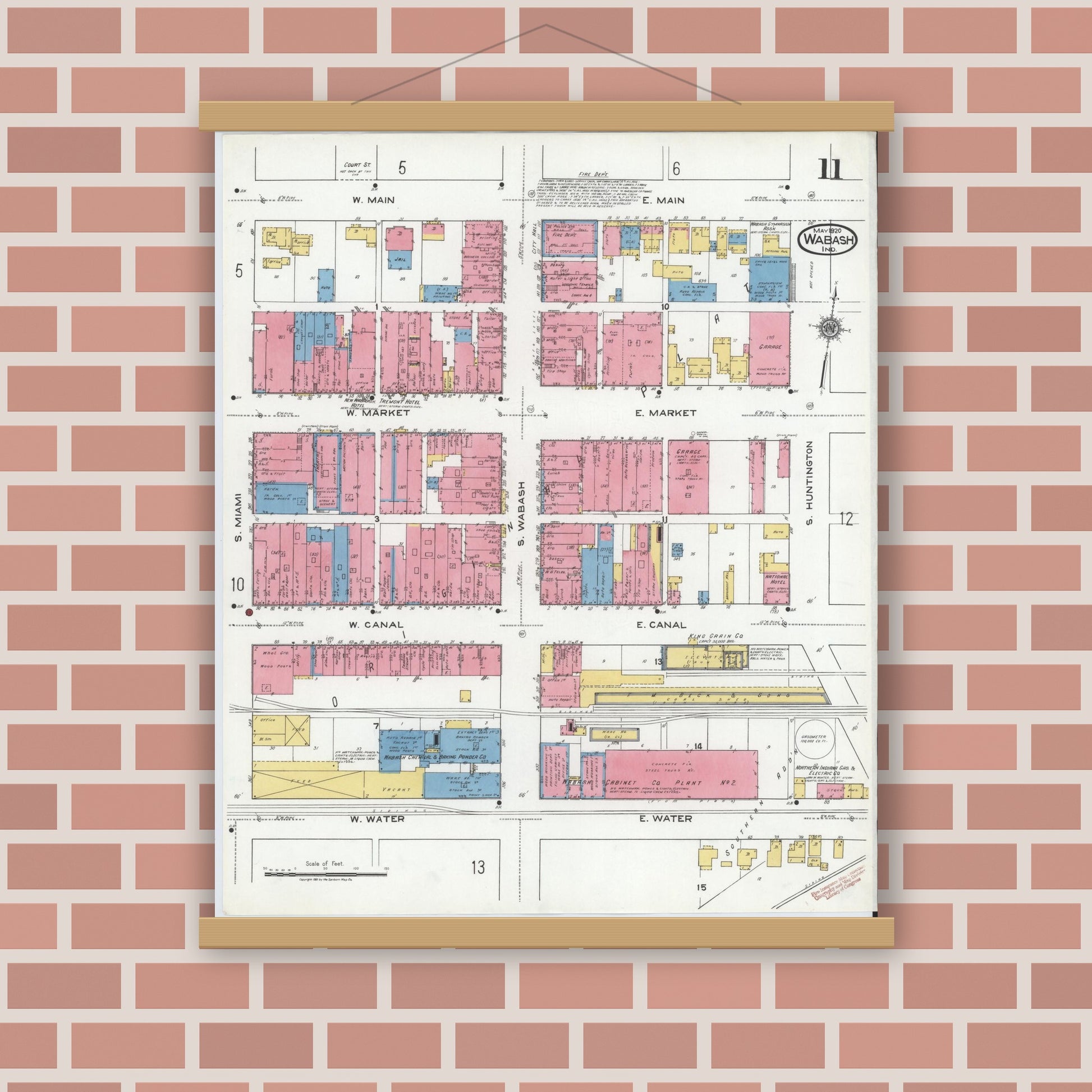 Old map wall art mockup — magnetic wood frame on brick wall — Sanborn Fire Insurance Map from Wabash, Wabash County, Indiana (1920), Sheet #0011