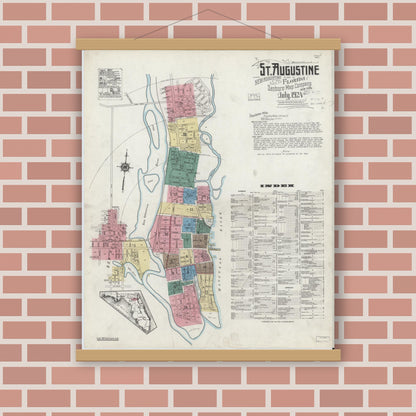 Old map wall art mockup — magnetic wood frame on brick wall — Sanborn Fire Insurance Map from Saint Augustine, Saint John's County, Florida (1924) - Complete Map Set