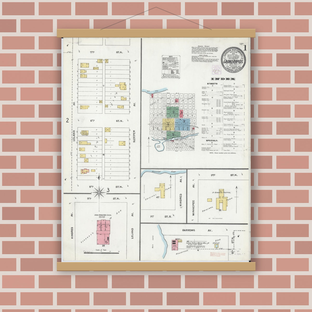 Old map wall art mockup — magnetic wood frame on brick wall — Sanborn Fire Insurance Map from Grand Rapids, Itasca County, Minnesota (1904), Sheet #0001