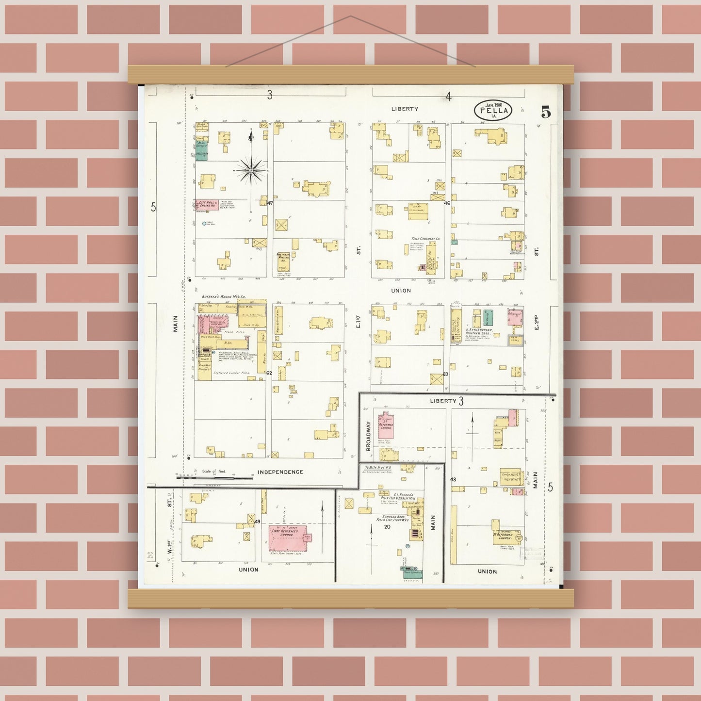 Old map wall art mockup — magnetic wood frame on brick wall — Sanborn Fire Insurance Map from Pella, Marion County, Iowa (1906), Sheet #0005