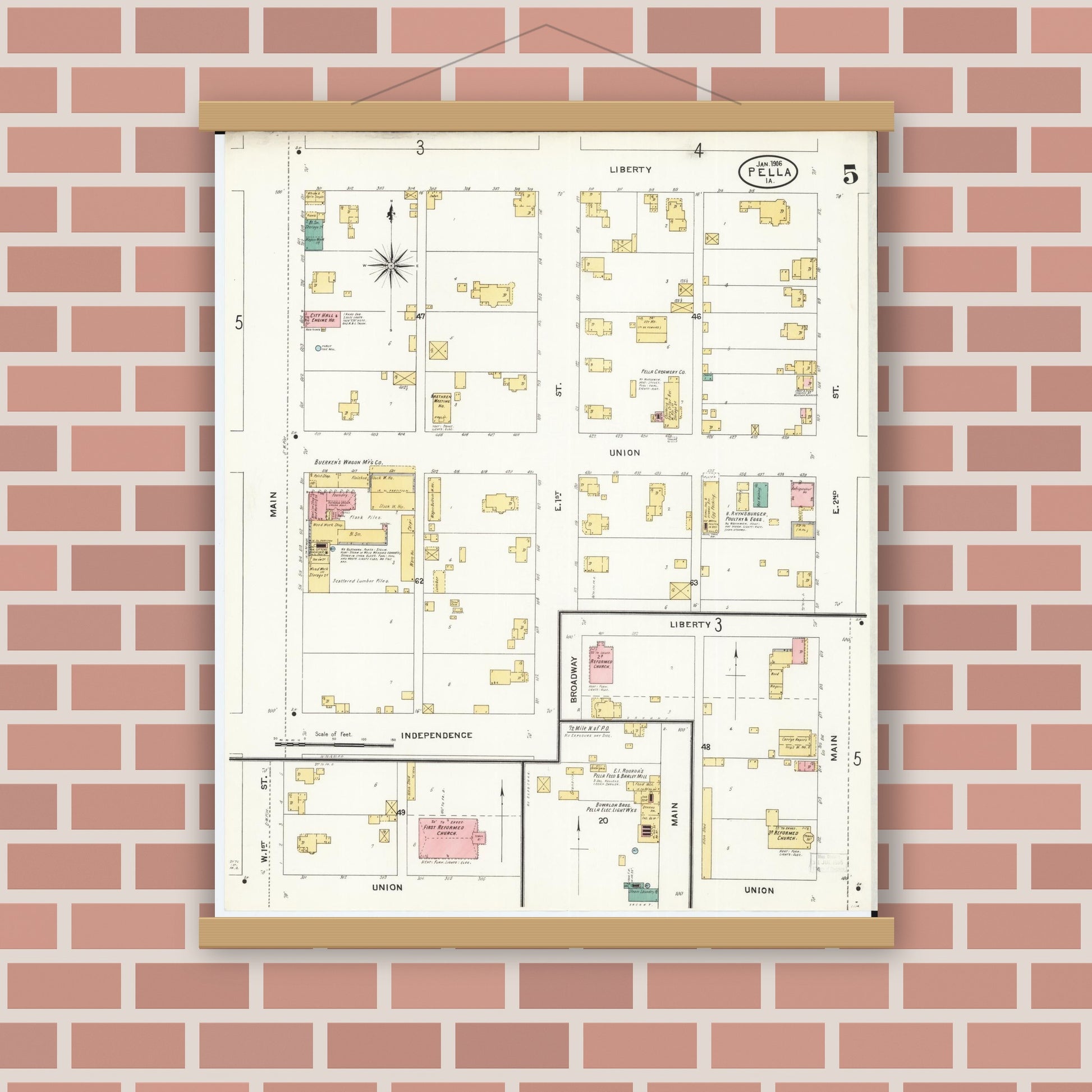 Old map wall art mockup — magnetic wood frame on brick wall — Sanborn Fire Insurance Map from Pella, Marion County, Iowa (1906), Sheet #0005