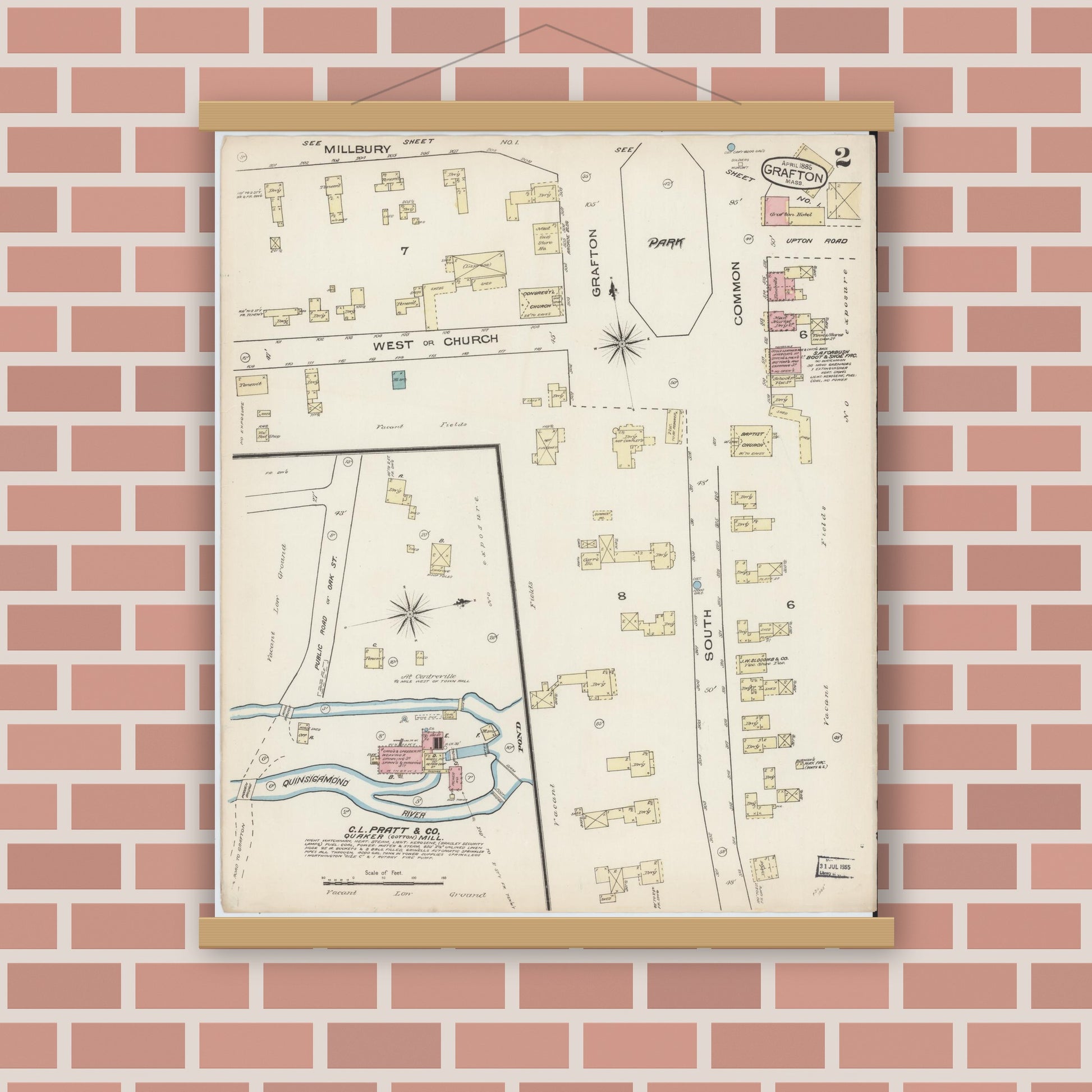 Old map wall art mockup — magnetic wood frame on brick wall — Sanborn Fire Insurance Map from Grafton, Worcester County, Massachusetts (1885), Sheet #0002