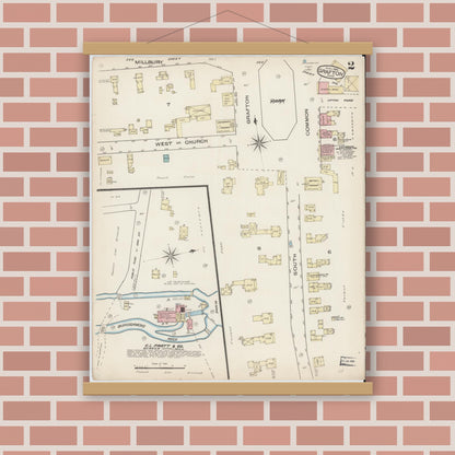Old map wall art mockup — magnetic wood frame on brick wall — Sanborn Fire Insurance Map from Grafton, Worcester County, Massachusetts (1885), Sheet #0002