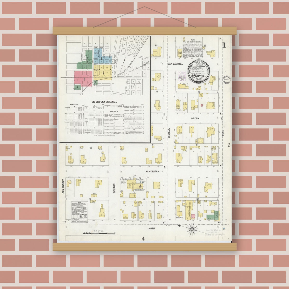 Old map wall art mockup — magnetic wood frame on brick wall — Sanborn Fire Insurance Map from Rockdale, Milam County, Texas (1901) - Complete Map Set