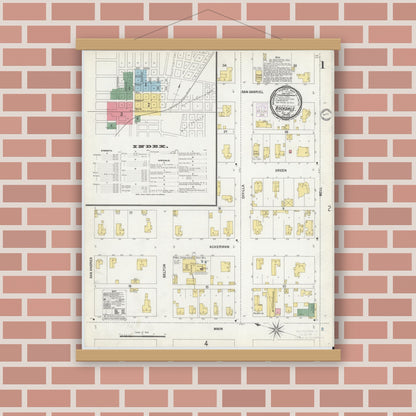 Old map wall art mockup — magnetic wood frame on brick wall — Sanborn Fire Insurance Map from Rockdale, Milam County, Texas (1901) - Complete Map Set