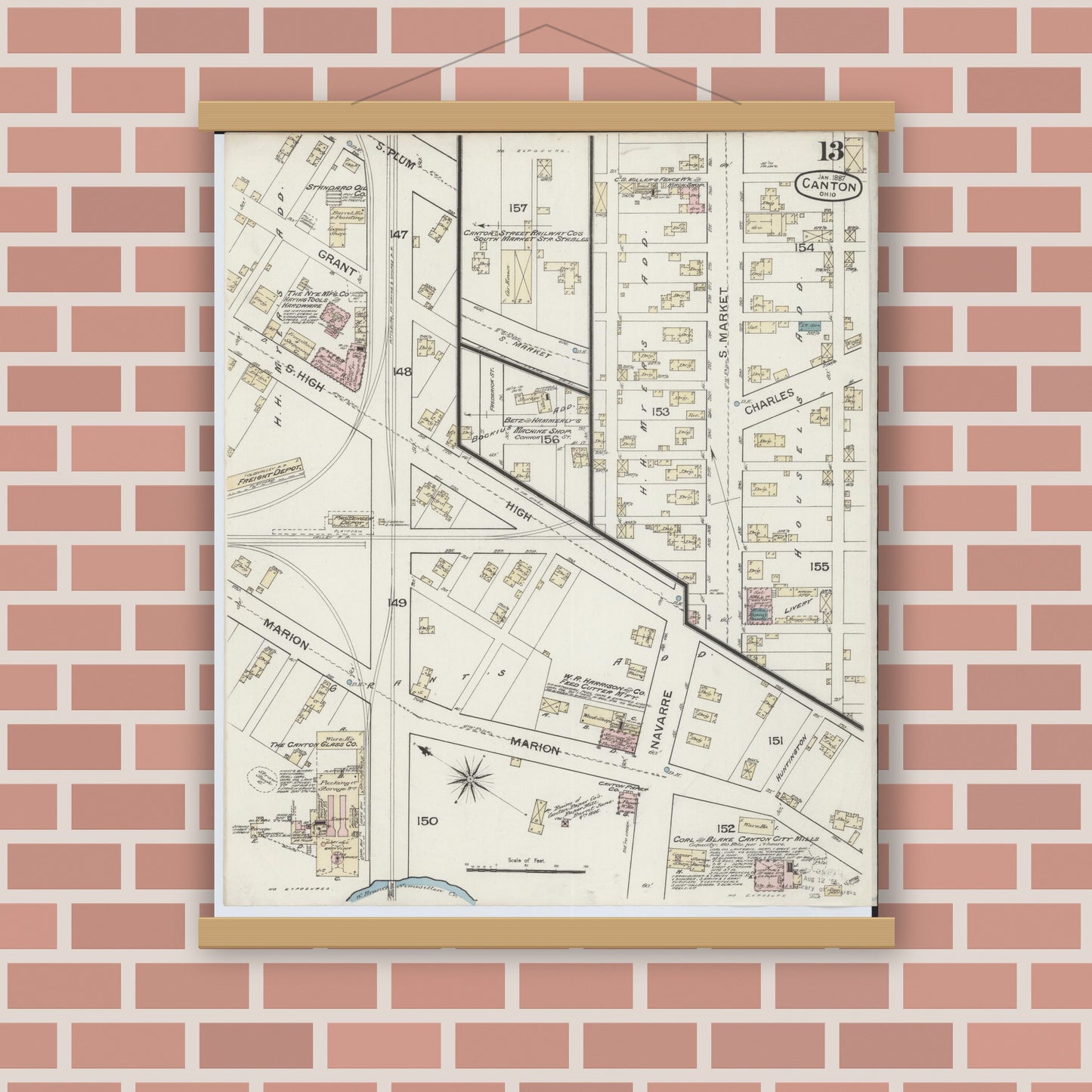 Old map wall art mockup — magnetic wood frame on brick wall — Sanborn Fire Insurance Map from Canton, Stark County, Ohio (1887), Sheet #0013