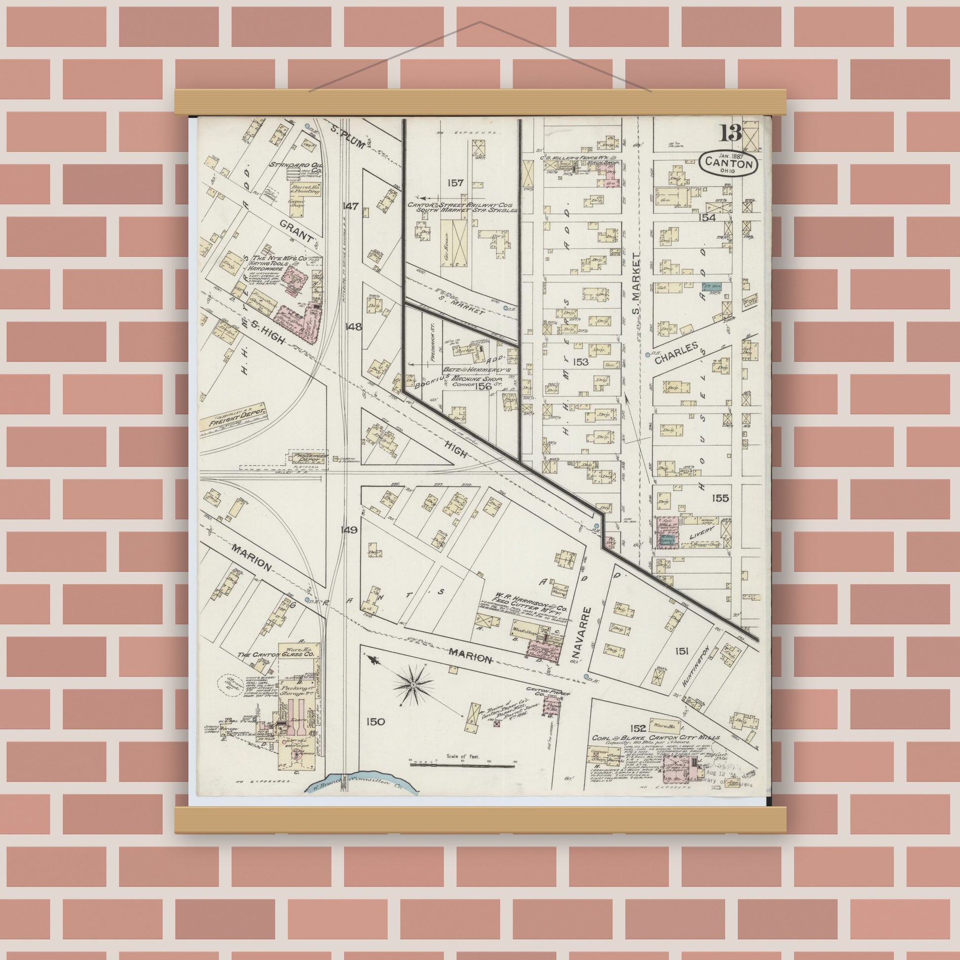 Old map wall art mockup — magnetic wood frame on brick wall — Sanborn Fire Insurance Map from Canton, Stark County, Ohio (1887), Sheet #0013