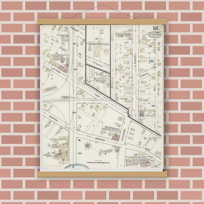 Old map wall art mockup — magnetic wood frame on brick wall — Sanborn Fire Insurance Map from Canton, Stark County, Ohio (1887), Sheet #0013