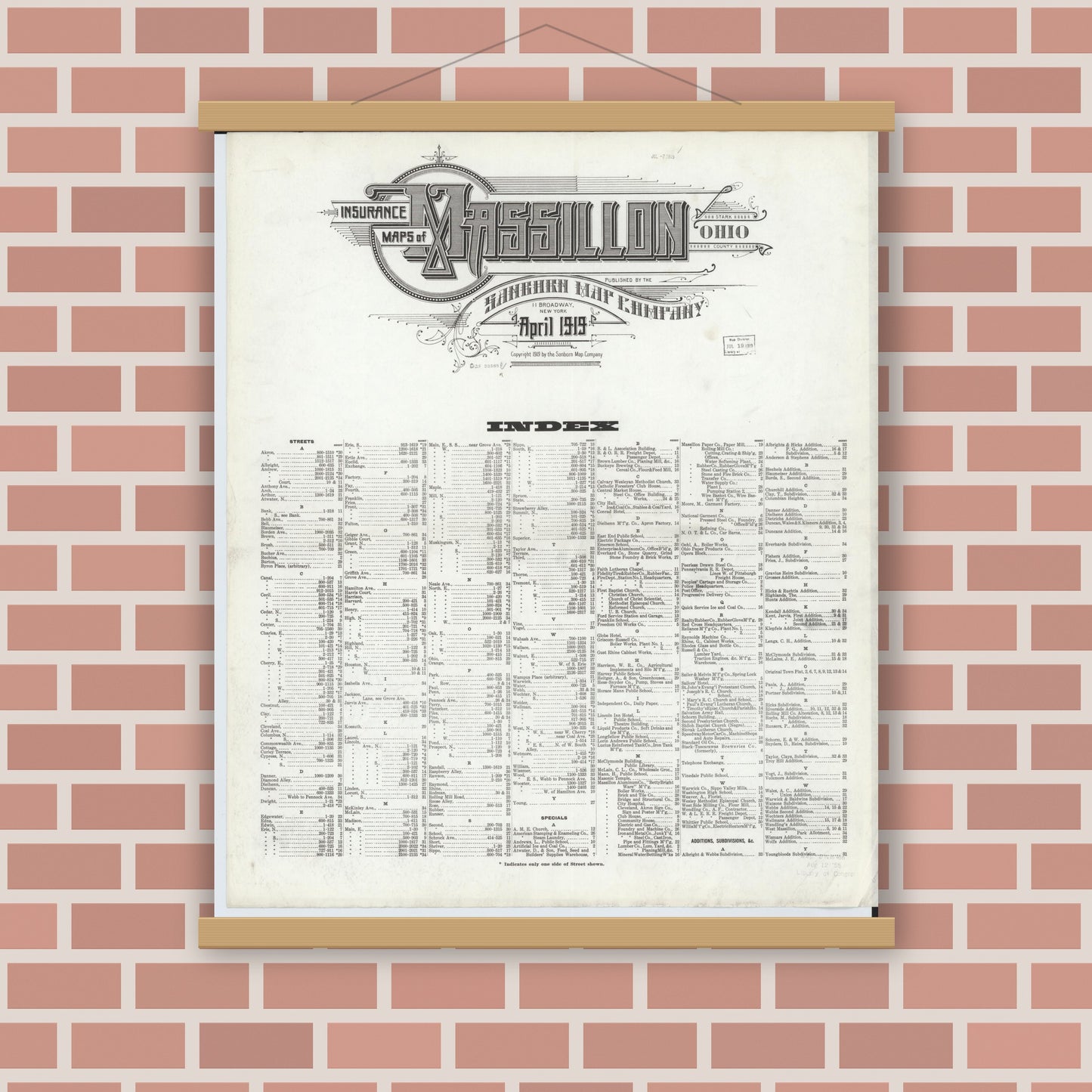 Old map wall art mockup — magnetic wood frame on brick wall — Sanborn Fire Insurance Map from Massillon, Stark County, Ohio (1919), Sheet #0001