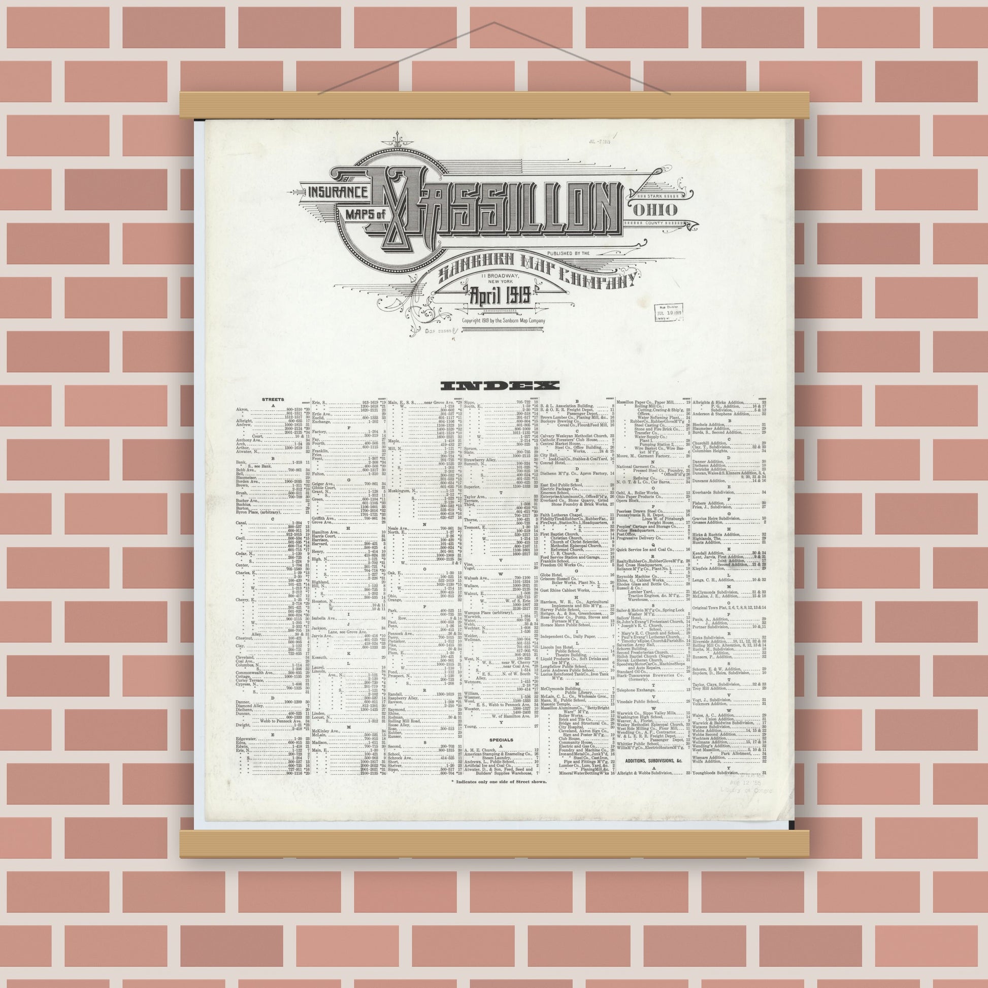 Old map wall art mockup — magnetic wood frame on brick wall — Sanborn Fire Insurance Map from Massillon, Stark County, Ohio (1919), Sheet #0001