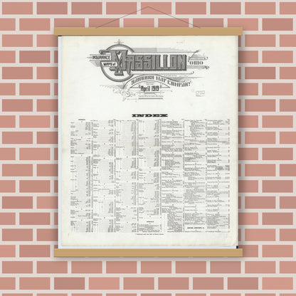 Old map wall art mockup — magnetic wood frame on brick wall — Sanborn Fire Insurance Map from Massillon, Stark County, Ohio (1919), Sheet #0001