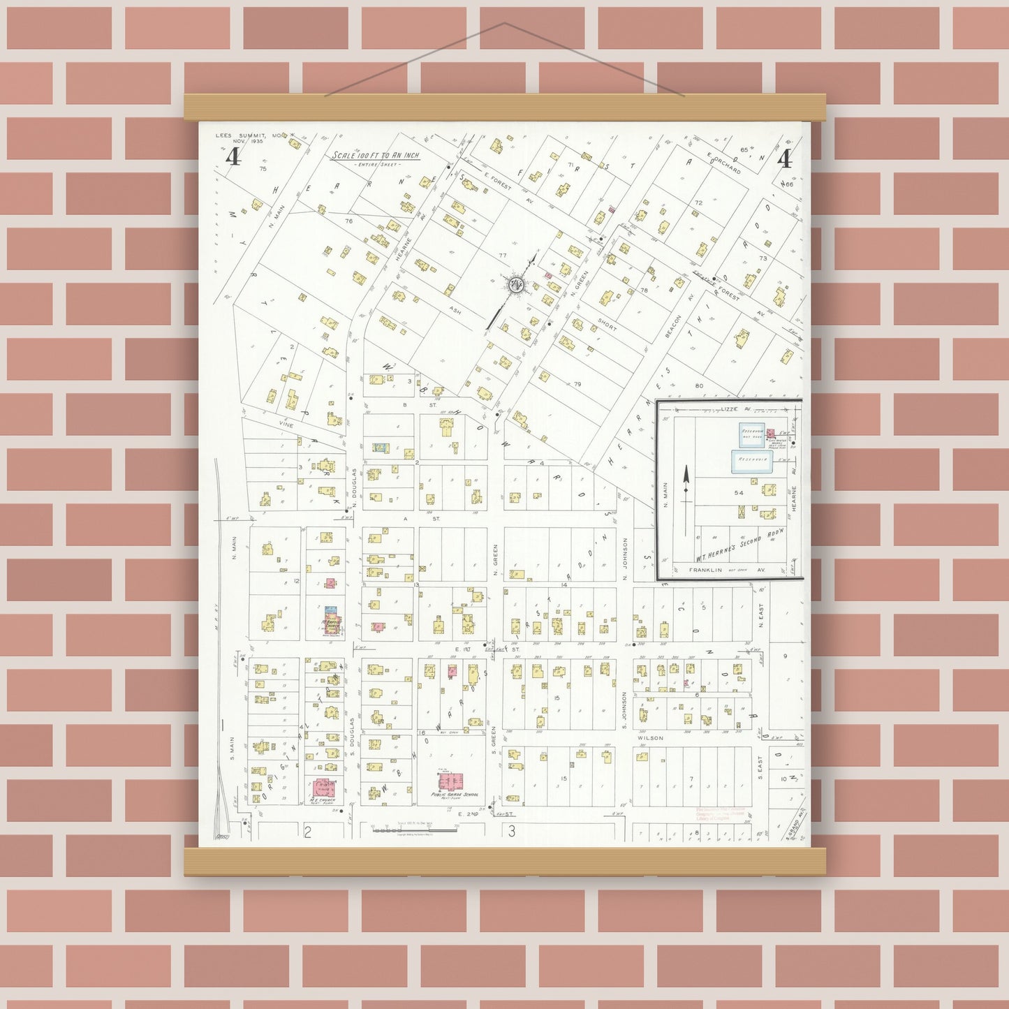 Old map wall art mockup — magnetic wood frame on brick wall — Sanborn Fire Insurance Map from Lee's Summit, Jackson County, Missouri (1935), Sheet #0004