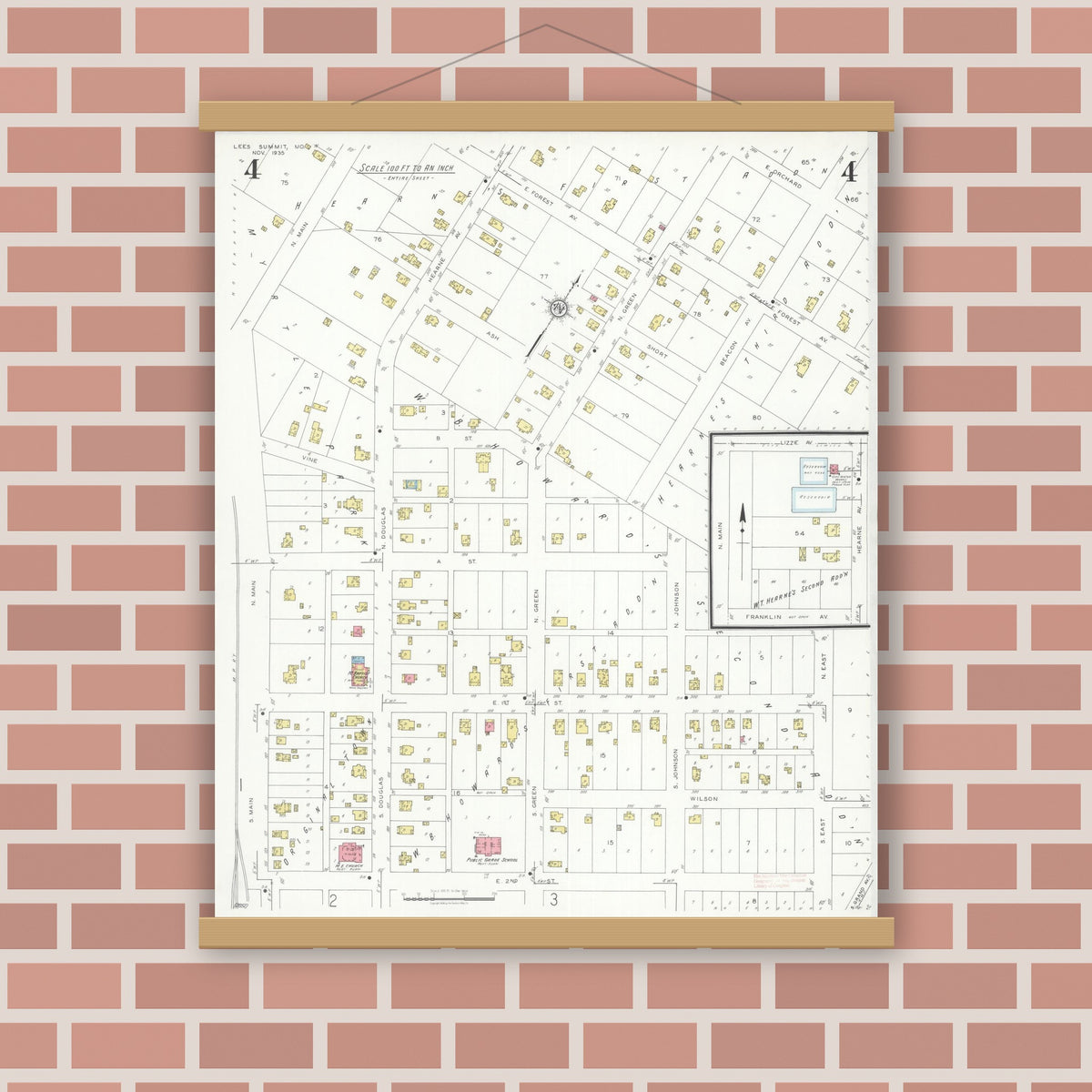 Old map wall art mockup — magnetic wood frame on brick wall — Sanborn Fire Insurance Map from Lee's Summit, Jackson County, Missouri (1935), Sheet #0004