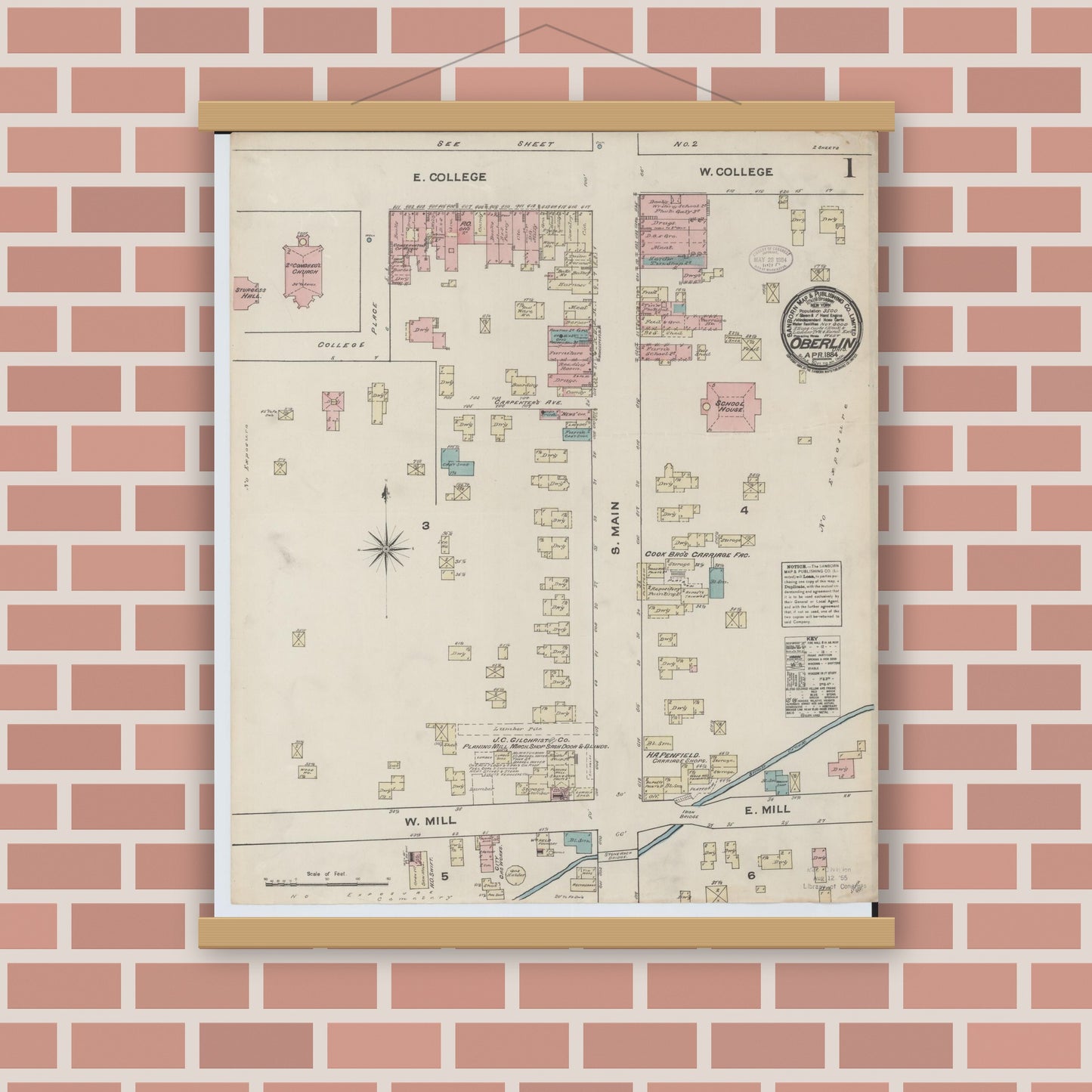 Old map wall art mockup — magnetic wood frame on brick wall — Sanborn Fire Insurance Map from Oberlin, Lorain County, Ohio (1884), Sheet #0001