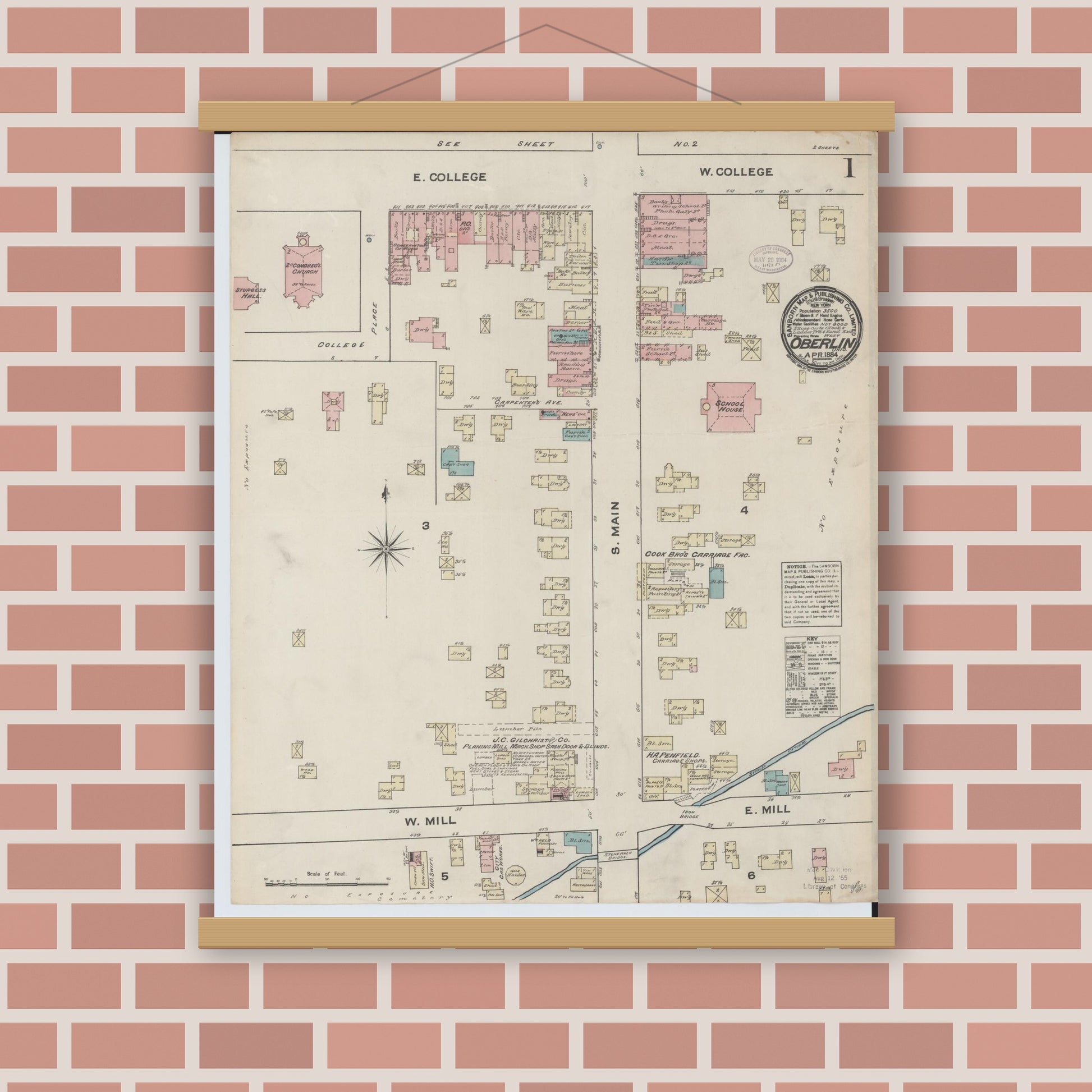Old map wall art mockup — magnetic wood frame on brick wall — Sanborn Fire Insurance Map from Oberlin, Lorain County, Ohio (1884), Sheet #0001