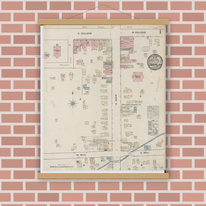 Old map wall art mockup — magnetic wood frame on brick wall — Sanborn Fire Insurance Map from Oberlin, Lorain County, Ohio (1884), Sheet #0001