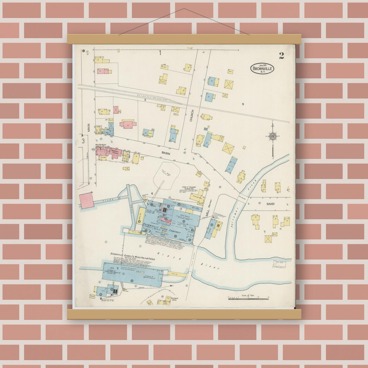 Old map wall art mockup — magnetic wood frame on brick wall — Sanborn Fire Insurance Map from Brownville, Jefferson County, New York (1915), Sheet #0002