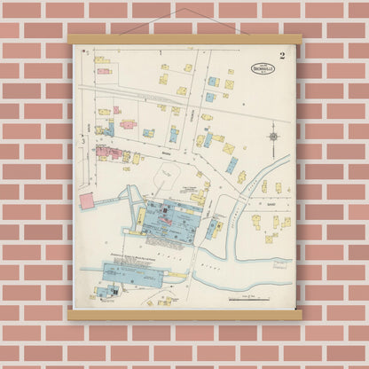 Old map wall art mockup — magnetic wood frame on brick wall — Sanborn Fire Insurance Map from Brownville, Jefferson County, New York (1915), Sheet #0002