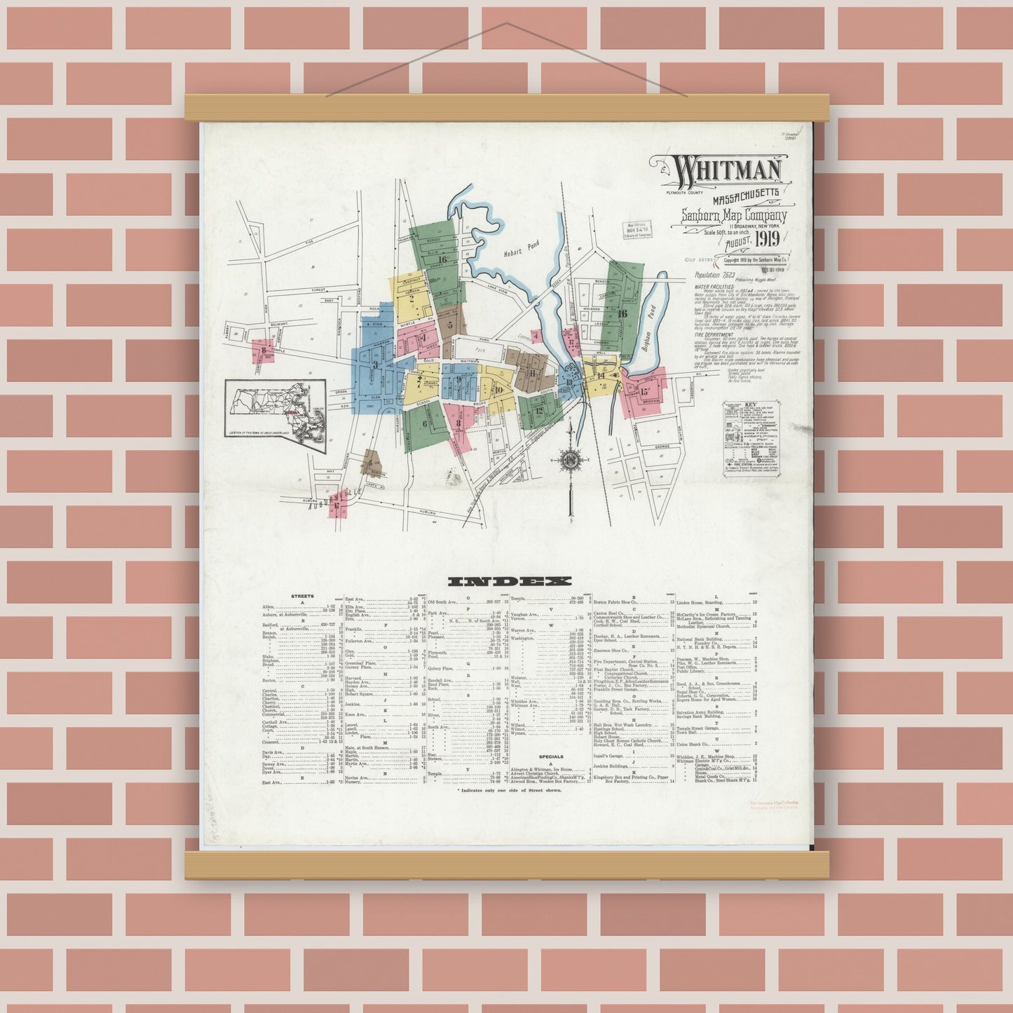 Old map wall art mockup — magnetic wood frame on brick wall — Sanborn Fire Insurance Map from Whitman, Plymouth County, Massachusetts (1919) - Complete Map Set