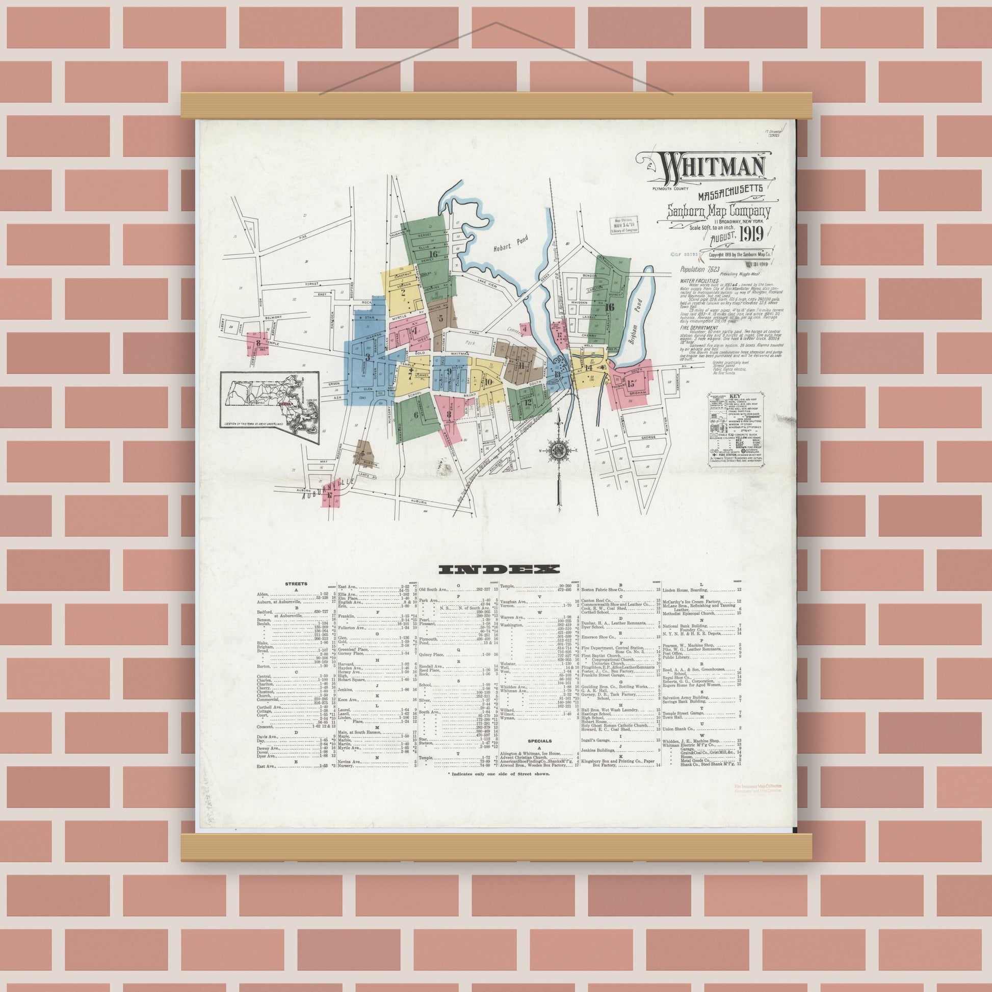 Old map wall art mockup — magnetic wood frame on brick wall — Sanborn Fire Insurance Map from Whitman, Plymouth County, Massachusetts (1919) - Complete Map Set