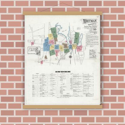 Old map wall art mockup — magnetic wood frame on brick wall — Sanborn Fire Insurance Map from Whitman, Plymouth County, Massachusetts (1919) - Complete Map Set