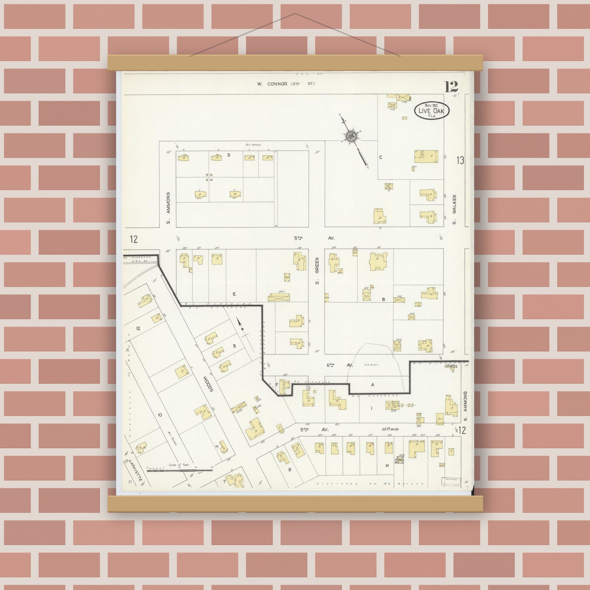 Old map wall art mockup — magnetic wood frame on brick wall — Sanborn Fire Insurance Map from Live Oak, Suwanee County, Florida (1912), Sheet #0012