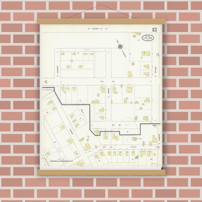 Old map wall art mockup — magnetic wood frame on brick wall — Sanborn Fire Insurance Map from Live Oak, Suwanee County, Florida (1912), Sheet #0012