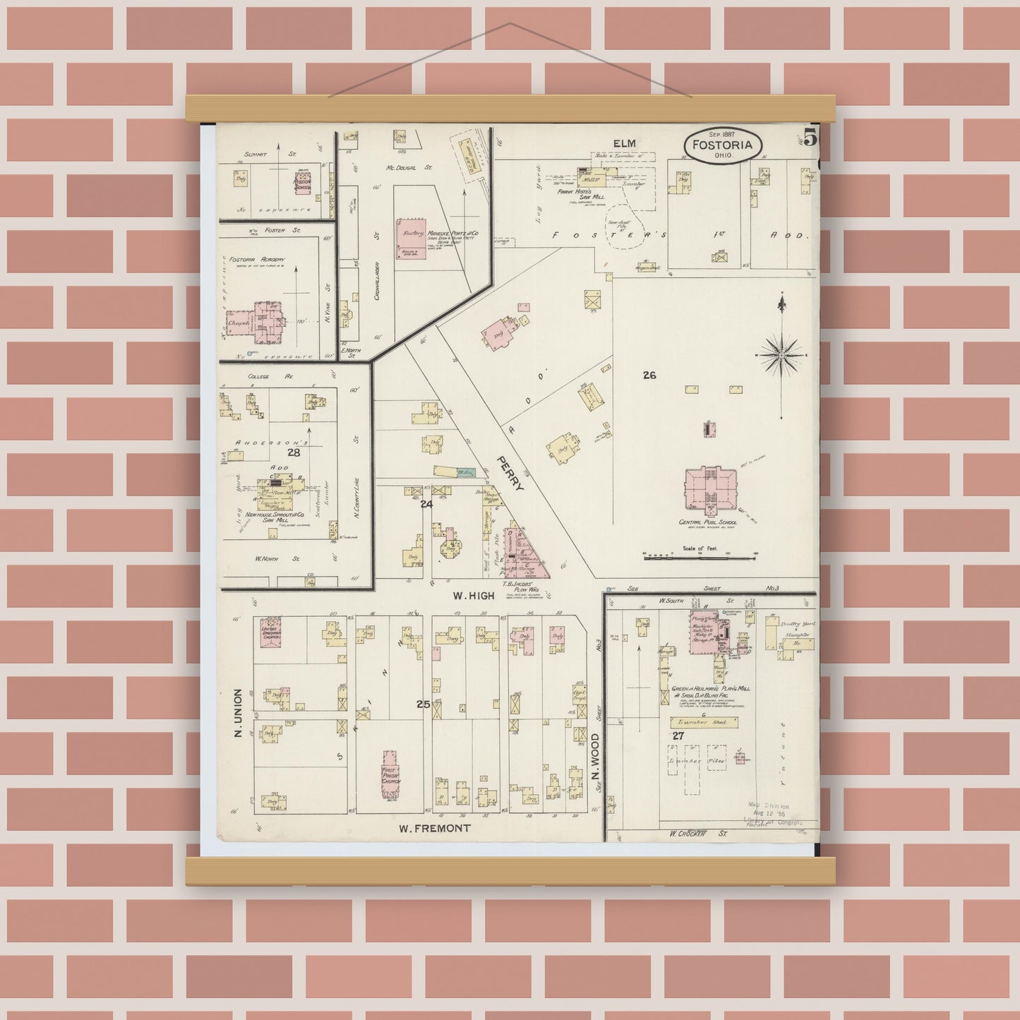 Old map wall art mockup — magnetic wood frame on brick wall — Sanborn Fire Insurance Map from Fostoria, Seneca, Hancock, And Wood Counties, Ohio (1887), Sheet #0005