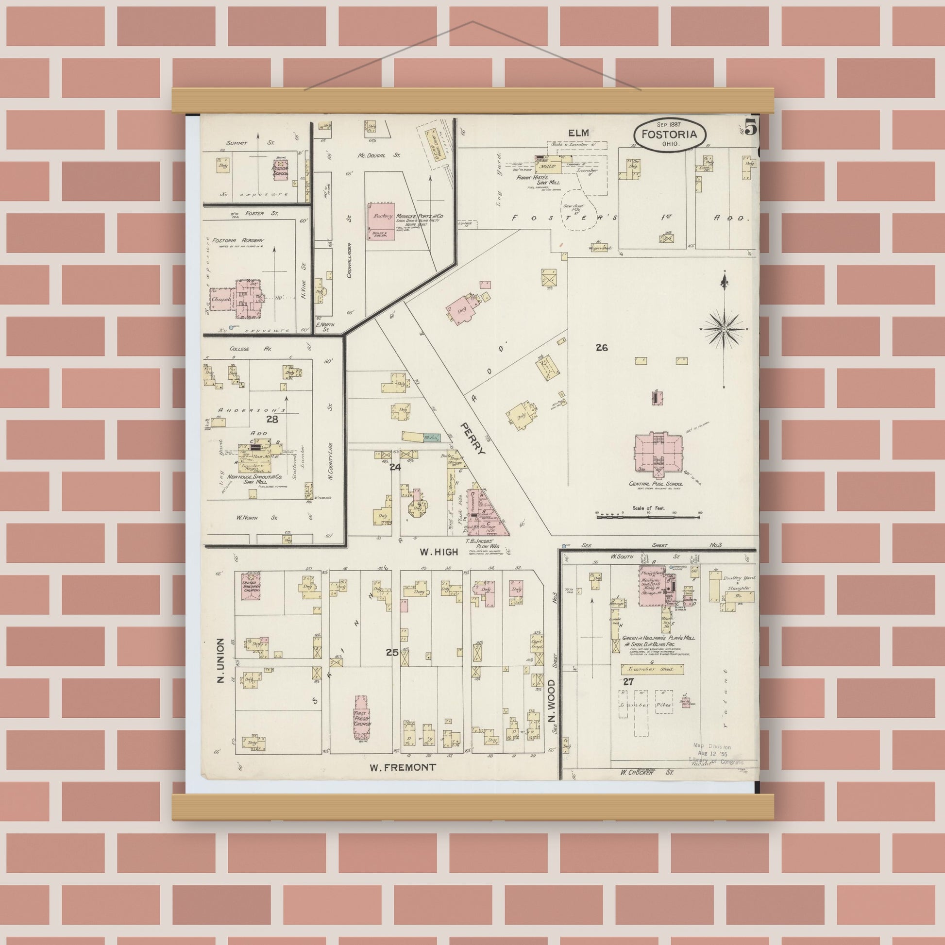 Old map wall art mockup — magnetic wood frame on brick wall — Sanborn Fire Insurance Map from Fostoria, Seneca, Hancock, And Wood Counties, Ohio (1887), Sheet #0005