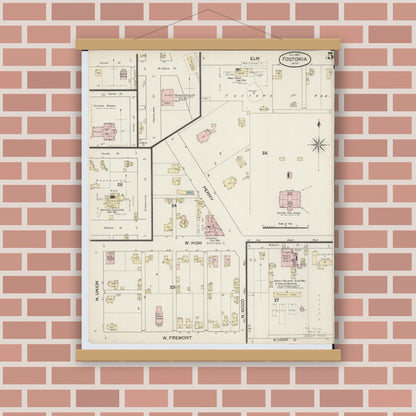 Old map wall art mockup — magnetic wood frame on brick wall — Sanborn Fire Insurance Map from Fostoria, Seneca, Hancock, And Wood Counties, Ohio (1887), Sheet #0005