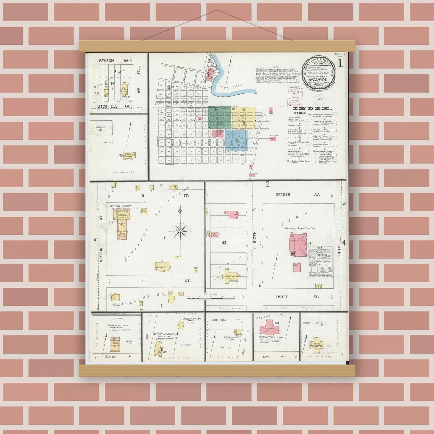 Old map wall art mockup — magnetic wood frame on brick wall — Sanborn Fire Insurance Map from Willmar, Kandiyohi County, Minnesota (1899) - Complete Map Set