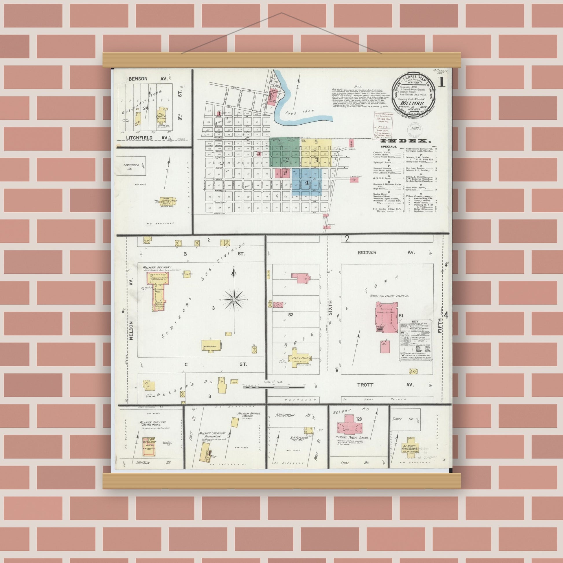 Old map wall art mockup — magnetic wood frame on brick wall — Sanborn Fire Insurance Map from Willmar, Kandiyohi County, Minnesota (1899) - Complete Map Set