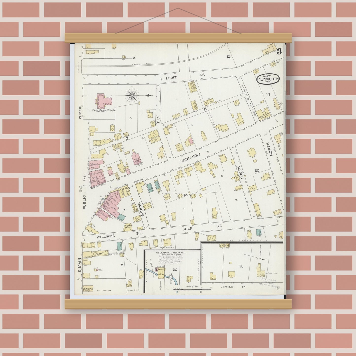 Old map wall art mockup — magnetic wood frame on brick wall — Sanborn Fire Insurance Map from Plymouth, Huron And Richland Counties, Ohio (1893), Sheet #0003