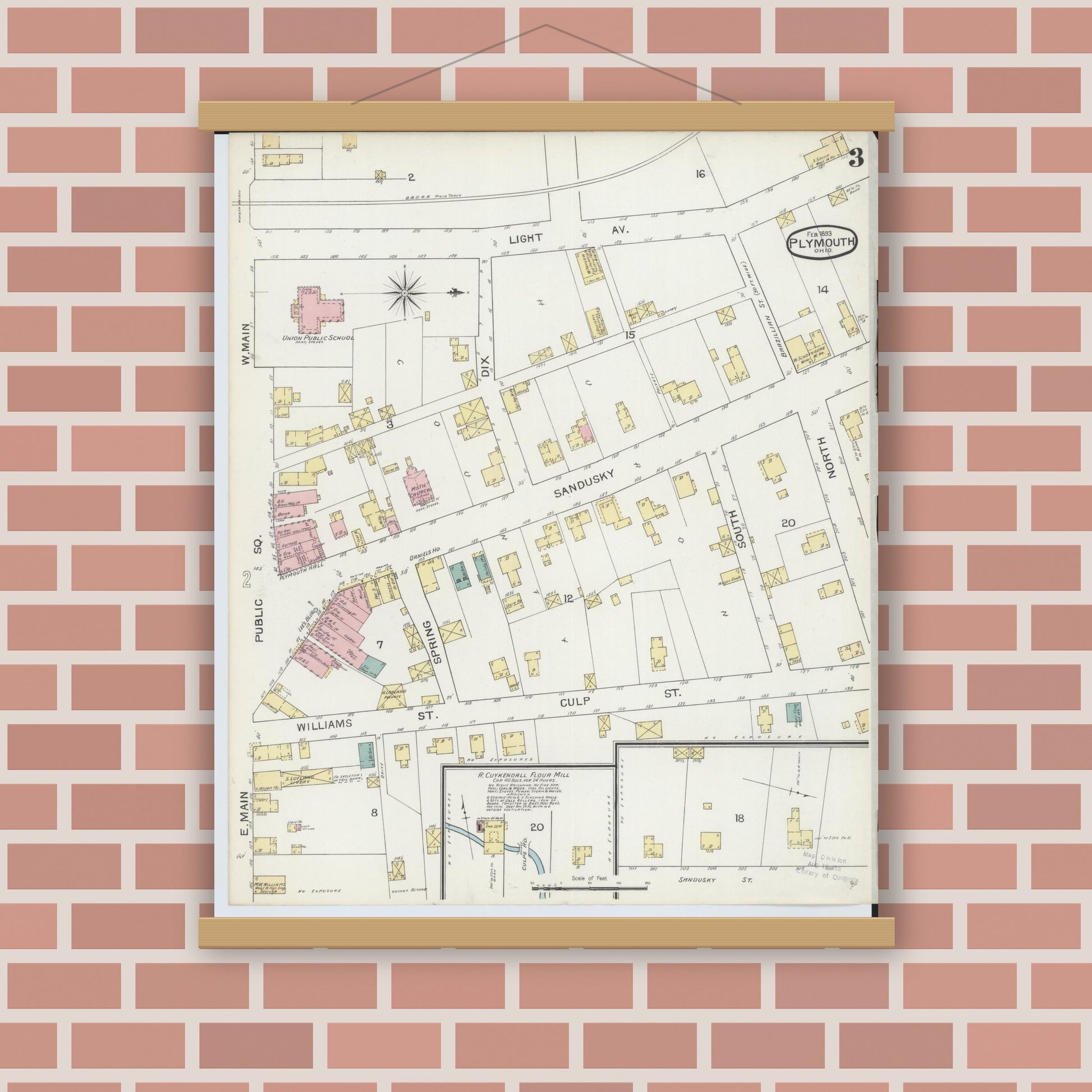 Old map wall art mockup — magnetic wood frame on brick wall — Sanborn Fire Insurance Map from Plymouth, Huron And Richland Counties, Ohio (1893), Sheet #0003
