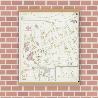 Old map wall art mockup — magnetic wood frame on brick wall — Sanborn Fire Insurance Map from Plymouth, Huron And Richland Counties, Ohio (1893), Sheet #0003