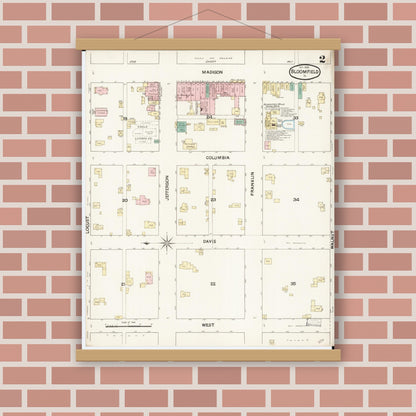 Old map wall art mockup — magnetic wood frame on brick wall — Sanborn Fire Insurance Map from Bloomfield, Davis County, Iowa (1888), Sheet #0002